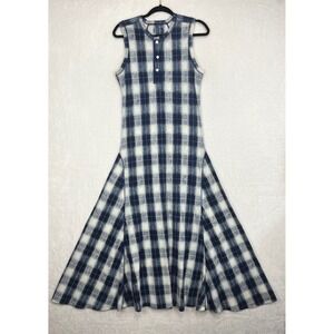 Polo Ralph Lauren Buffalo Plaid Cotton Henley Maxi Dress *M Blue Sleeveless Long